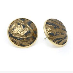 KEVA | Carved Black/Bronze Full Circle Leather Button Earrings NWT